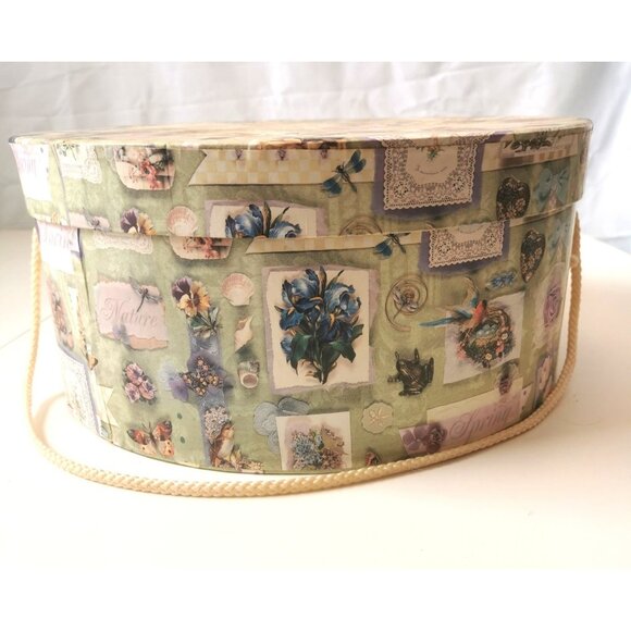 Maxi Size! Vtg Shabby Chic Hat Box Cardboard w/ Rope Handle, 15.25" Floral - Picture 8 of 8